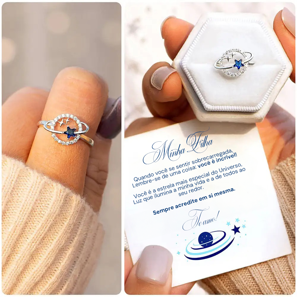 Anel Estrela Guia Prata 925 Ajustável c/ Cartão